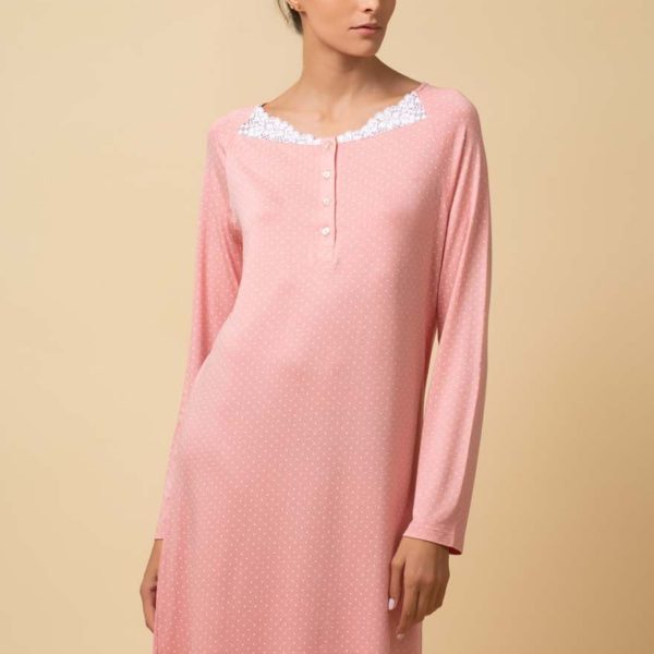 Chemise de nuit coton viscose rose saumon à pois