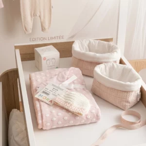 Plaide  Mora avec lot de deux panier rose pale