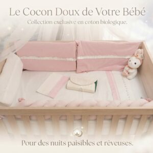 Parure de lit rose poudré:tour de lit bébé avec  tresse  et drap plat